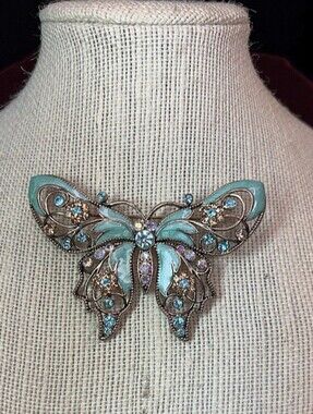 Vintage Avon Butterfly Brooch in Mint and Aqua Rhinestones